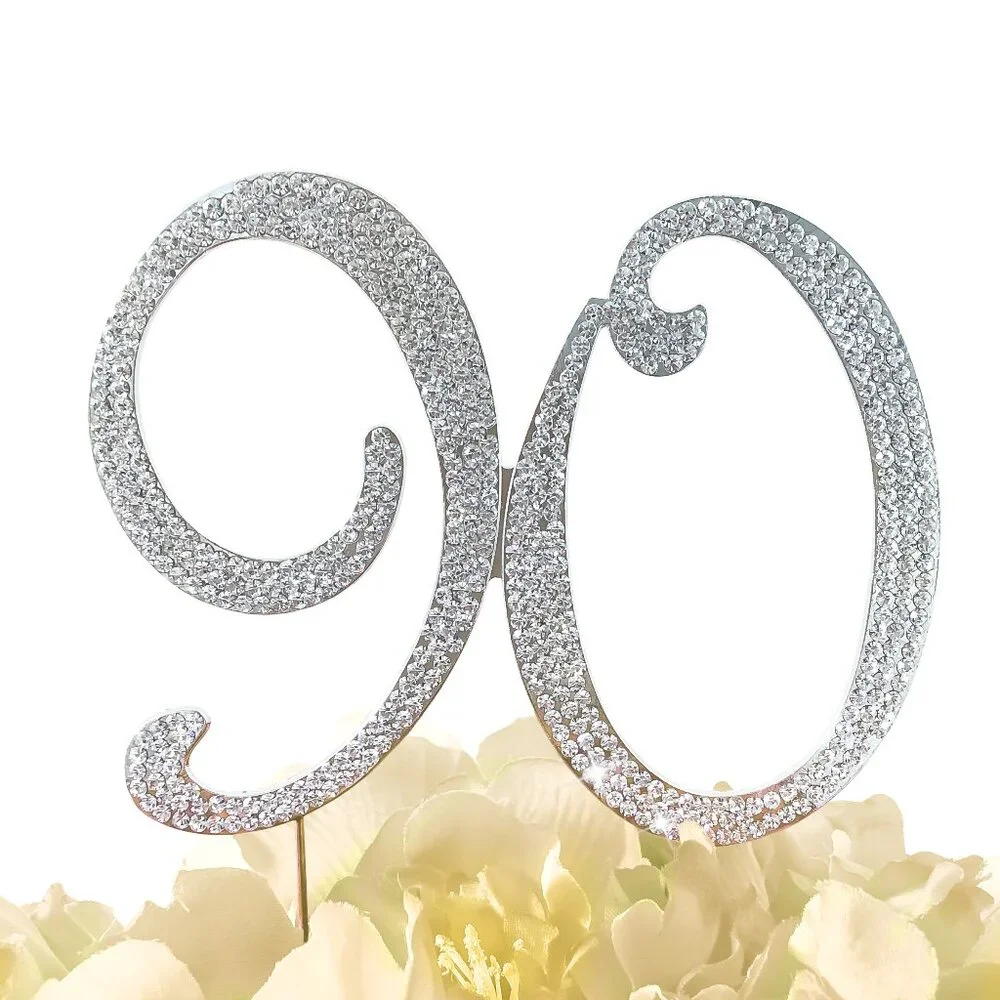 Rhinestone Cake Topper - Number 90 - Silver Metal with Czech Rhinestones